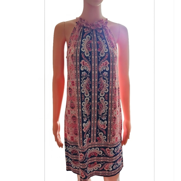 Elegant Pink and Blue Paisley Dress - Picture 1 of 7